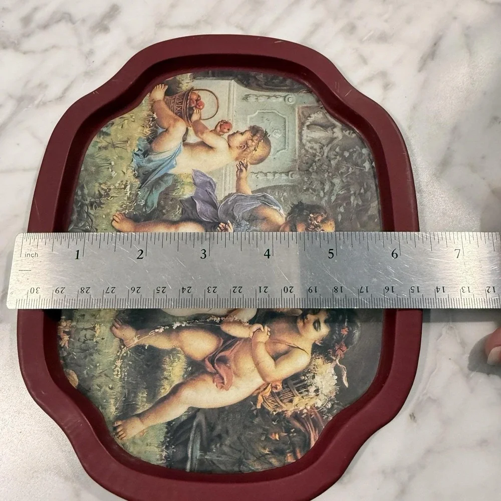 Vintage Angelic Cherub Victorian Style Metal Tray Floral Rectangular 6x8
